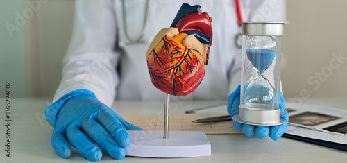Billede på lærred Cardiologist doctor holding heart and alarm clock in cardiology