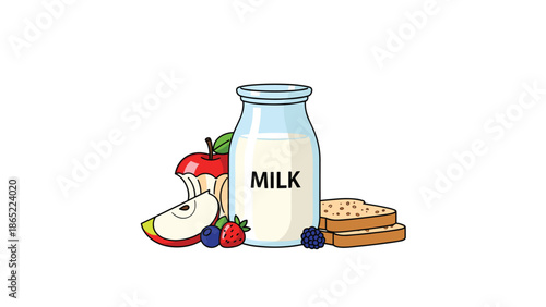 Glass bottle of milk with "MILK" label, surrounded by fresh fruits and sliced bread, representing a healthy and nutritious breakfast.