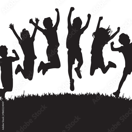 Happy jumping people silhouettes celebrating joy and energy together....