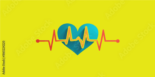 A medical cardiology illustration featuring a heart and heartbeat symbol where a pulse line forms a heart shape in a professional ECG cardiogram vector design for healthcare and life insurance busines