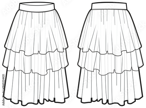 Layered Skirt design flat sketch vector illustration, Women's mid i tulle skirt fashion technical cad drawing vector template mock up