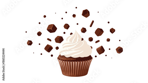 Decadent chocolate cupcake topped with swirl of white frosting, surrounded by flying chocolate chunks and sprinkles, tempting dessert.