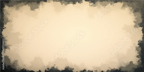 Grunge paper background featuring a misty landscape with a forest and lake at dawn where the sunrise reflects on foggy water under a cloudy sky