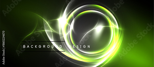 Abstract neon lights form circular shapes. Vivid green, white glows contrast dark background. Modern design element.