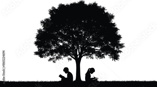 Silhouette of Children Reading Under Large Tree and Diverse Family Groups Walking and Interacting Together Isolated on a White Background