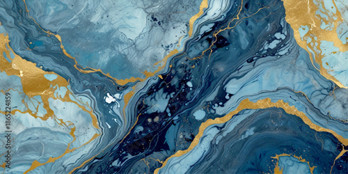 Blue marble texture with golden veins and white currents, inspired by Italian marble slabs and natural agate, polished luxury fluid art background for tiles and design