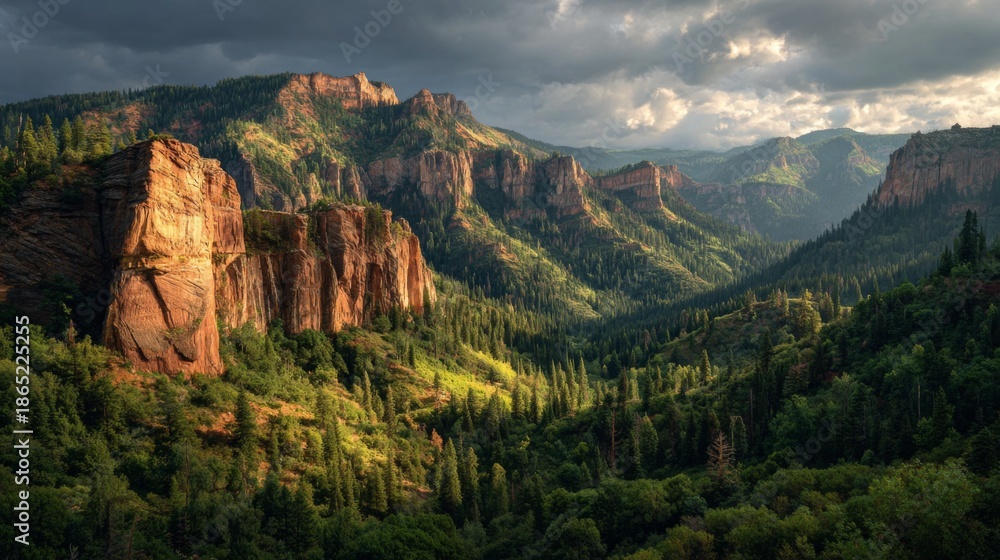 Naklejka premium Majestic Red Sandstone Cliffs Surrounded by Lush Emerald Green Forests in a Breathtaking Mountain Landscape