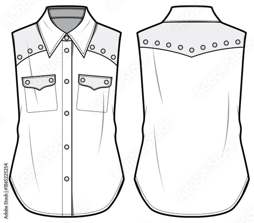 Women's Western Sleeveless Shirt Blouse flat sketch fashion illustration drawing front and back view, sleeveless denim blouse top with collar cad for girls and ladies template mock up