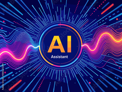 AI Assistant graphic design with vibrant waves and futuristic background