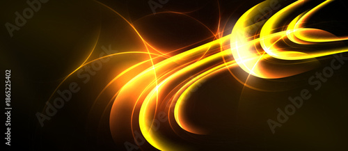 Bright orange lines swirl, creating dynamic energy. Light radiates from central point against dark background. Abstract design evokes motion, warmth.