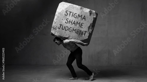 Man carrying a heavy stone block engraved with stigma shame and judgment. Cinematic black and white footage of a man struggling under a psychological burden. Mental health concept