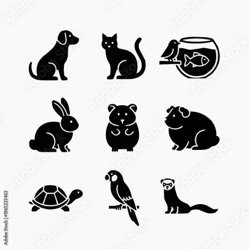 Household Pet Silhouette Icon Set of  Black Shapes