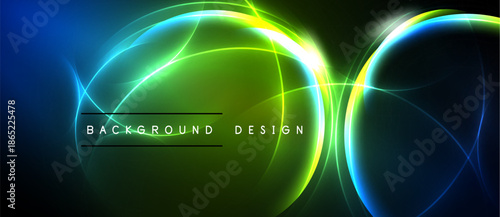 Bright neon lights form abstract circular shapes. Vivid blue, green hues dominate dark background. Modern design element.