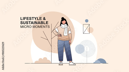 Woman in winter clothes, lifestyle and sustainable micro moments concept, flat illustration