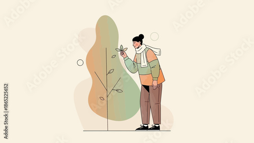 Woman inspecting a leaf in autumn, minimalist flat design illustration