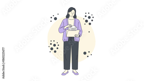 Woman Organizer Holding Folder with Documents, Businesswoman Filing Paperwork, Minimalist Illustration