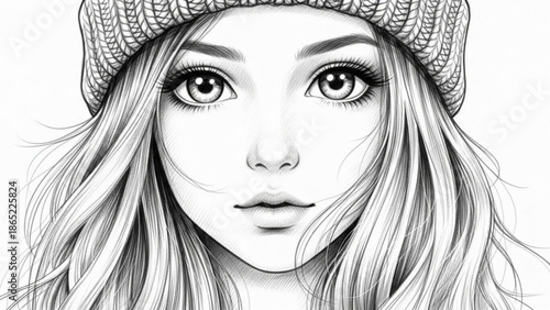 Stunning young woman with long hair and knit hat looking directly at viewer