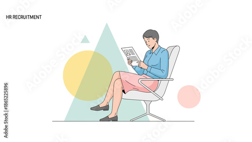 Woman reading resume in office waiting area, HR recruitment concept