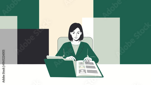 Woman reviewing documents and resumes at desk, modern flat illustration