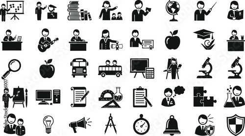 Collection of black and white icons representing various professions and activities and education