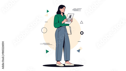 Woman reviewing resume or document, modern flat illustration, business concept