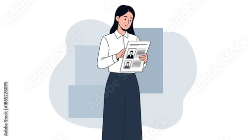 Woman reviewing resume, candidate selection, hiring process, job application, recruitment concept