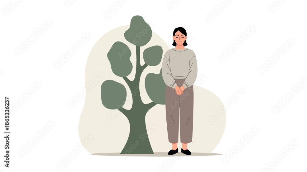 Fototapeta premium Woman Standing by Tree, Nature, Calmness, Minimalist Illustration
