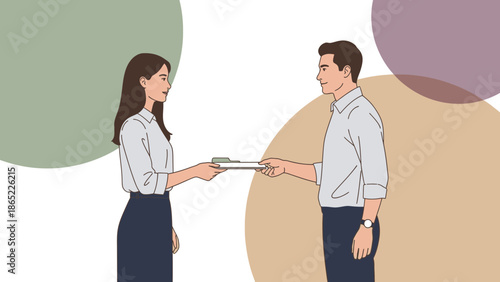 Businesswoman giving document to businessman, teamwork and delivery concept