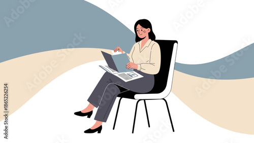 Woman Sitting Reading Book on Chair, Abstract Wavy Background