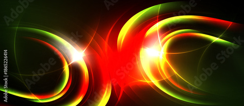 Vibrant abstract design. Red, green, yellow light curves create dynamic energy, glowing center point. Dark background emphasizes luminosity.