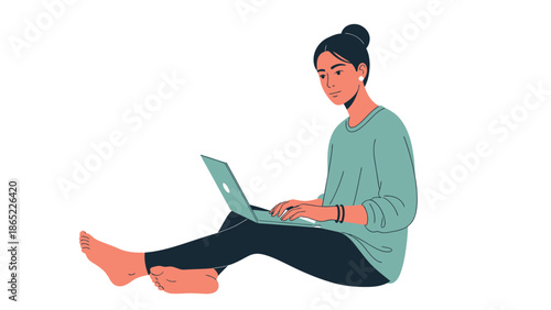 Woman Typing on Laptop Computer While Sitting on Floor, Remote Work Concept