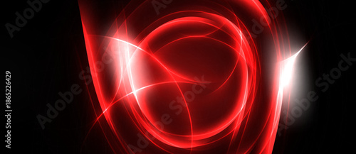Abstract red energy flows, bright light, dark background. Swirling lines create dynamic visual impact, modern design.