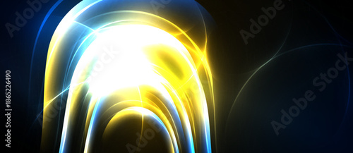 Bright abstract light curves radiate from center. Gold, white, blue hues blend into dark background. Dynamic energy flows visually.
