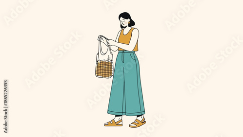 Woman Holding Reusable Shopping Bag with Groceries, Eco-Friendly Lifestyle
