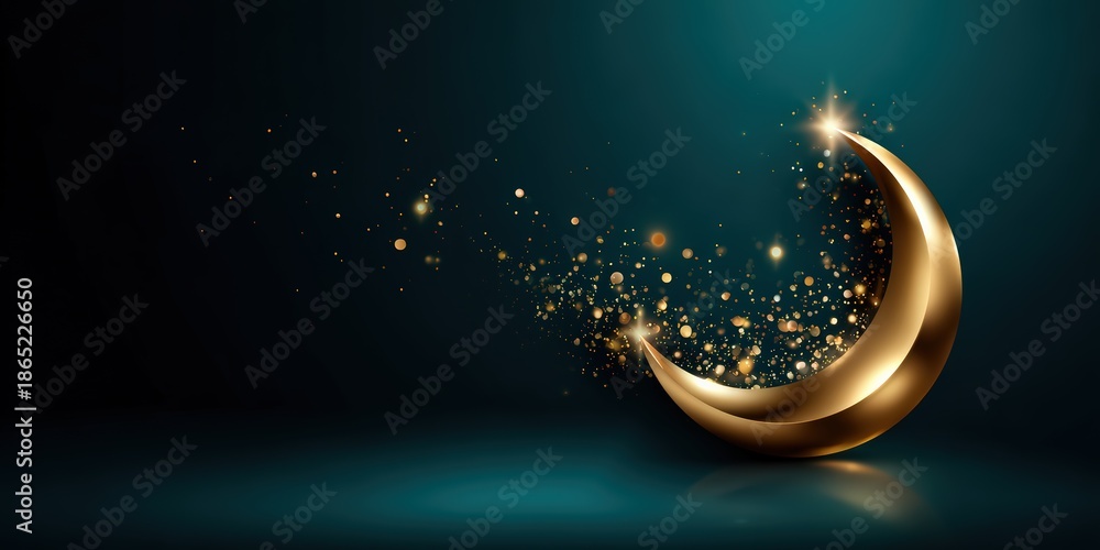 Fototapeta premium Golden Crescent Moon with Sparkles on Teal Background