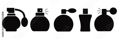Perfume Bottle Icon Set with Silhouette, Outline and Flat Design in Monochrome and Pastel
 Colors Vector Illustration