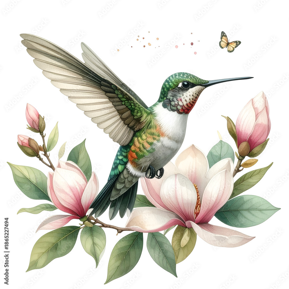Obraz premium Hummingbird and Magnolia Harmony: A vibrant hummingbird hovers gracefully near blooming magnolia flowers, creating a serene and colorful scene in nature.