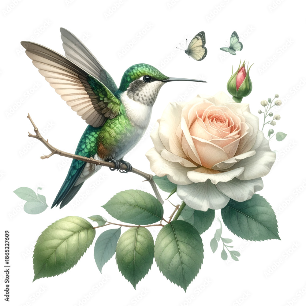 Obraz premium Hummingbird's Floral Dance: A charming hummingbird, poised mid-flight, gracefully hovers near a blooming rose and fluttering butterflies, showcasing the beauty of nature's delicate interactions.