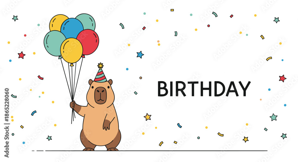Obraz premium Cheerful capybara wearing a striped party hat and holding a bunch of colorful balloons with a happy birthday greeting and confetti.
