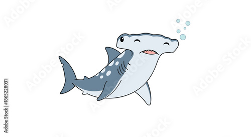 Cute and friendly cartoon illustration of a grey hammerhead shark swimming gracefully with small blue bubbles floating above its head.