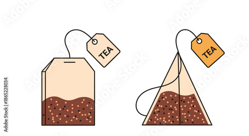 Set of two different types of tea bags featuring a standard rectangular bag and a modern pyramid shaped bag with small brown tea leaves.