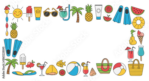 Decorative frame composed of various summer vacation and beach icons like sun palm trees cocktails fruit and swimming gear on white.
