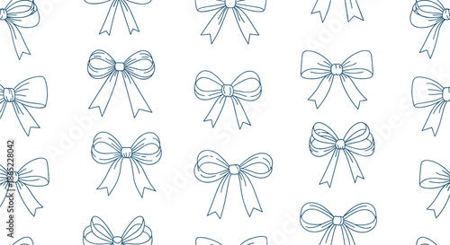 Seamless pattern of blue line art bows and ribbons arranged in a repetitive grid over a clean white background for gift wrapping.