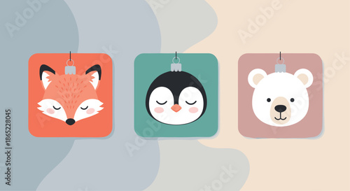 Vector illustration of three cute animal christmas ornaments featuring a fox a penguin and a bear on a pastel colored background.