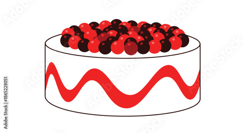 Delicious white cake with a red wavy design around the side and a generous topping of red and dark berries in a simple vector style.