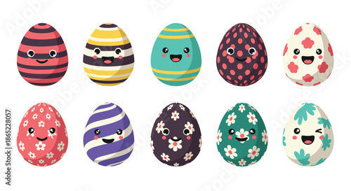Collection of ten colorful pixel art easter eggs with cute faces and various patterns like stripes and flowers on a white background.