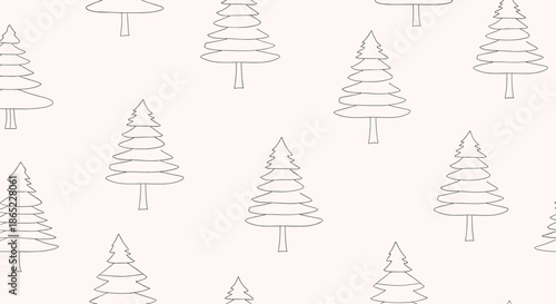 Minimalist seamless pattern featuring simple line art pine trees in a repetitive design on a light pinkish background for winter themes.