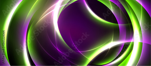 Abstract design features vibrant curves, purple center, green outer glow. Dynamic lines create flowing energy, modern aesthetic.