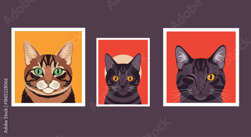 Three stylized portraits of cats with different fur patterns and eye colors set against vibrant orange and red square backgrounds.