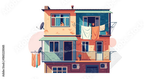 Vibrant flat illustration of a multi-story apartment building with balconies laundry hanging out to dry and satellite dishes on top.